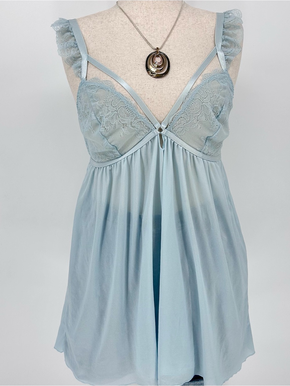 Y2K Blue Lace Babydoll Lingerie Slip Dress Tank Fairy Coquette Top
